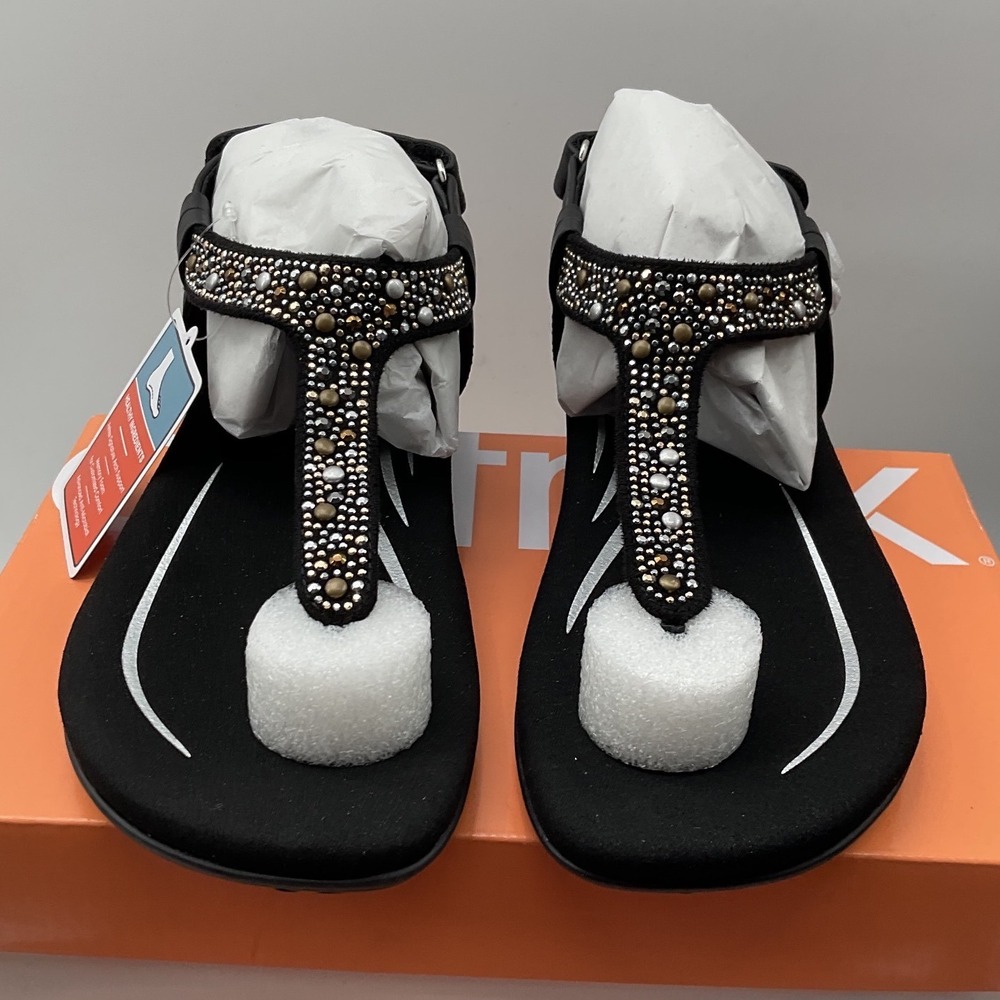 Aetrex Lindsey Black Studded T-Strap Sandals SE680W Womens Size 6-6.5 NEW